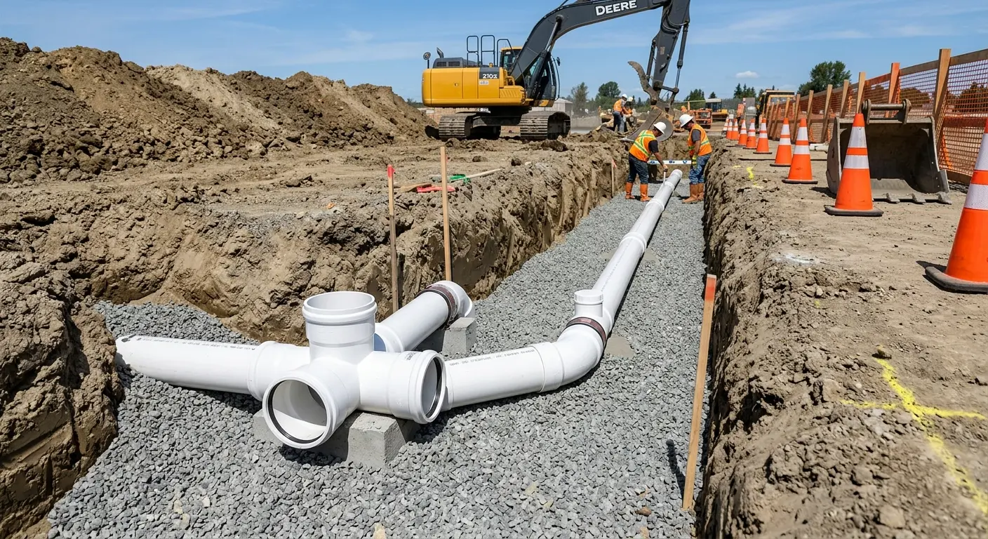 New PVC sewer pipe installation in open trench for Sewer Backup in Monaca