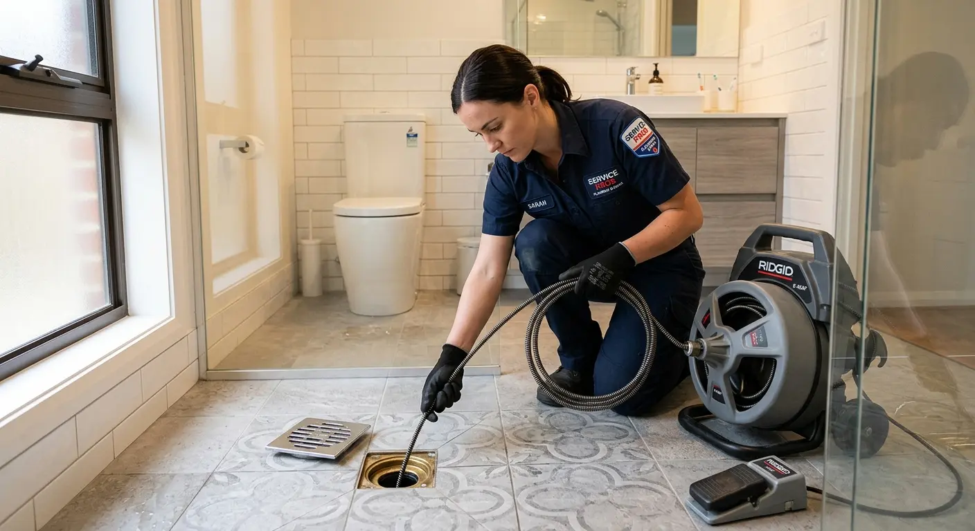 Technician clearing a bathroom floor drain for Hydro Jetting in Monaca